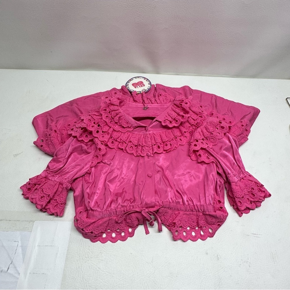 CeliaB Pink Ruffled Puff Sleeve satin Mini Dress nwt size Small - Picture 14 of 14
